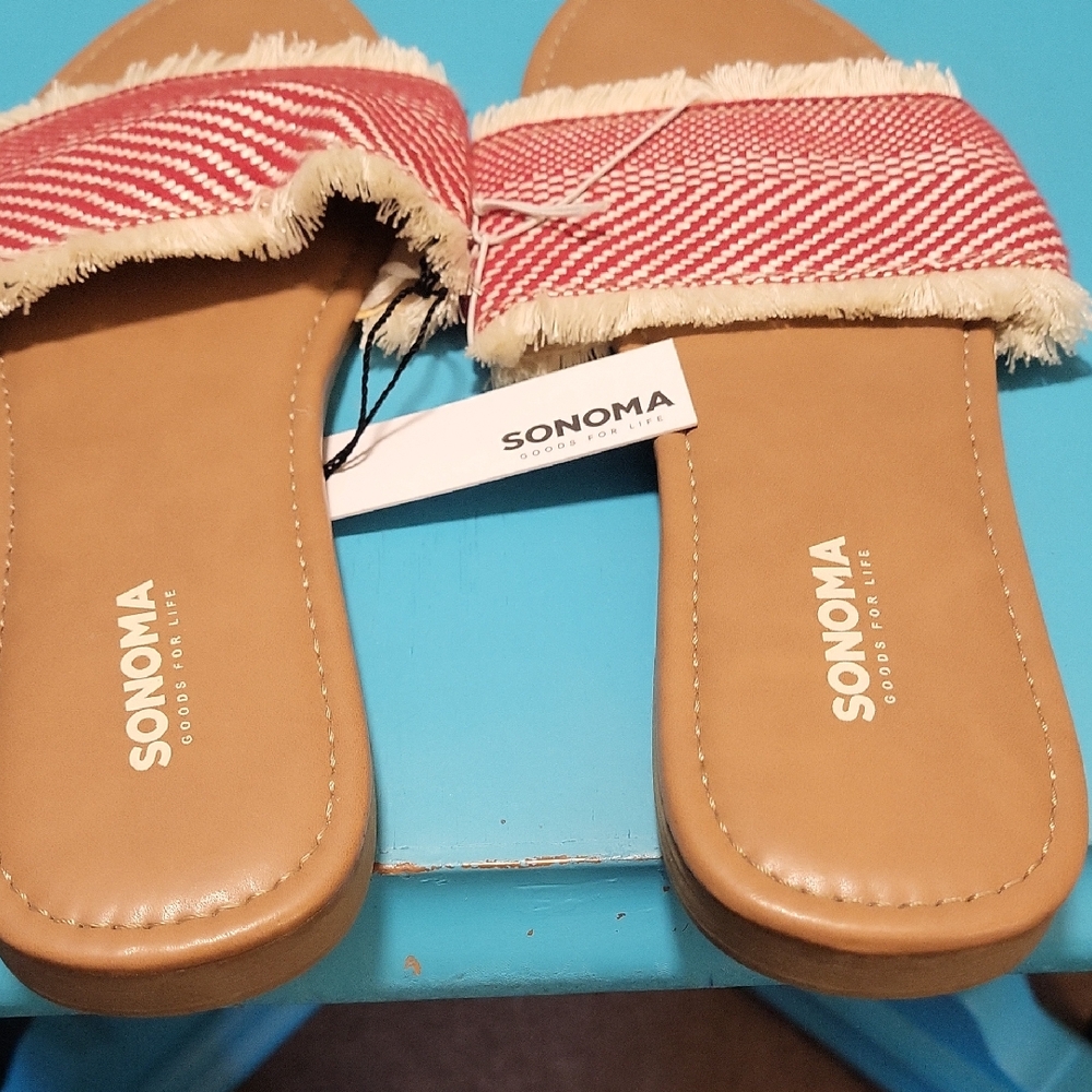 Sonoma Women's Red and White Fringe Slide Sandals
